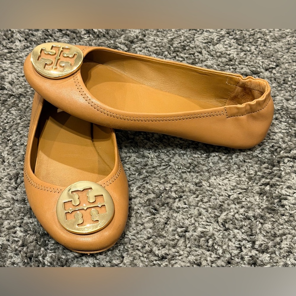 Tory Burch Minnie Travel Ballet Flat In Royal Tan/Gold Sz Womens 6.5